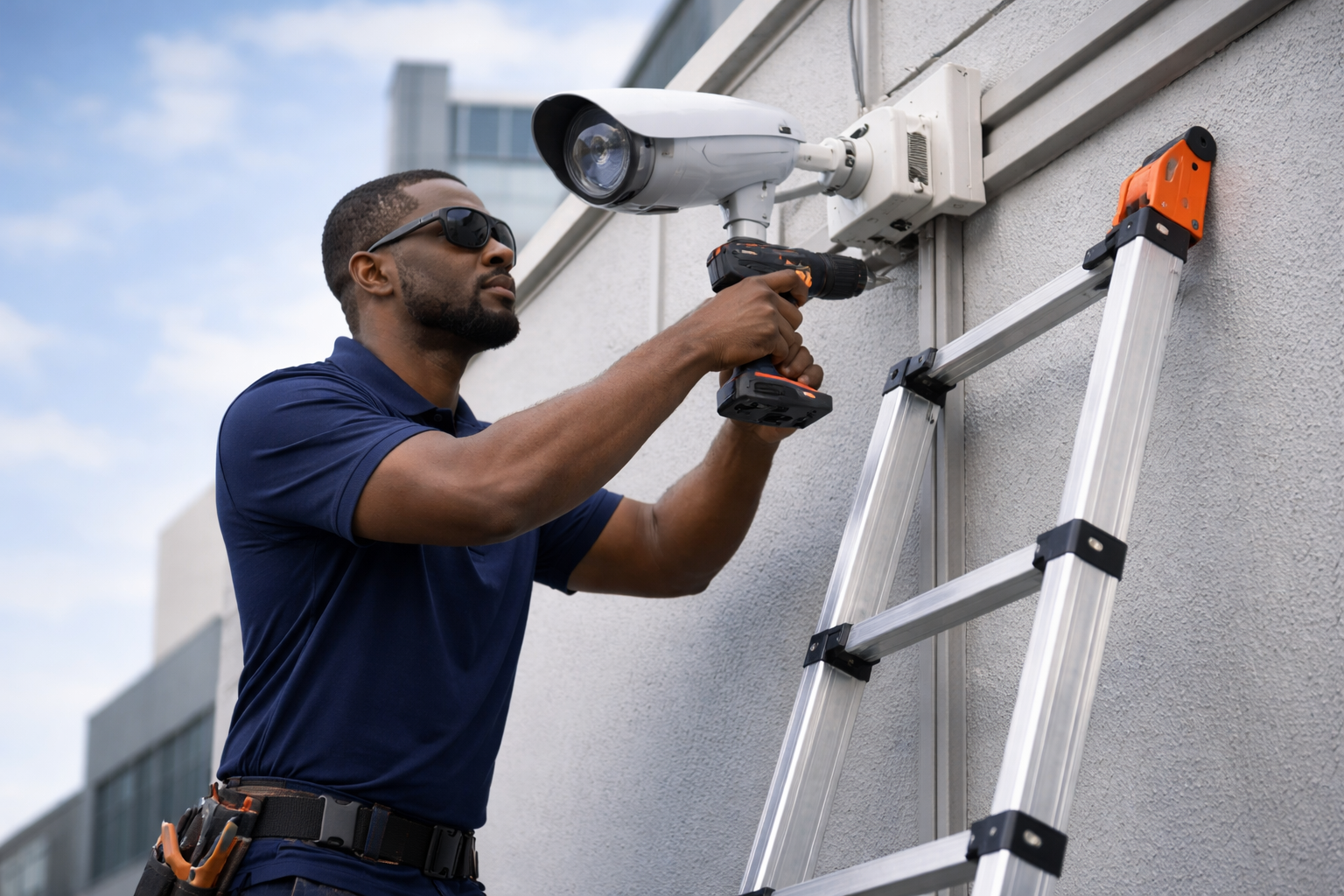 Business network installation with technician connecting equipment