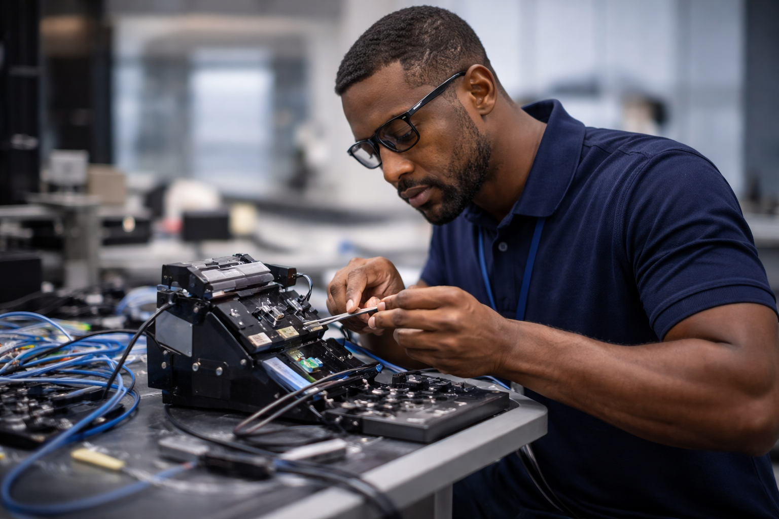 Modern office technology workstation with IT support tools