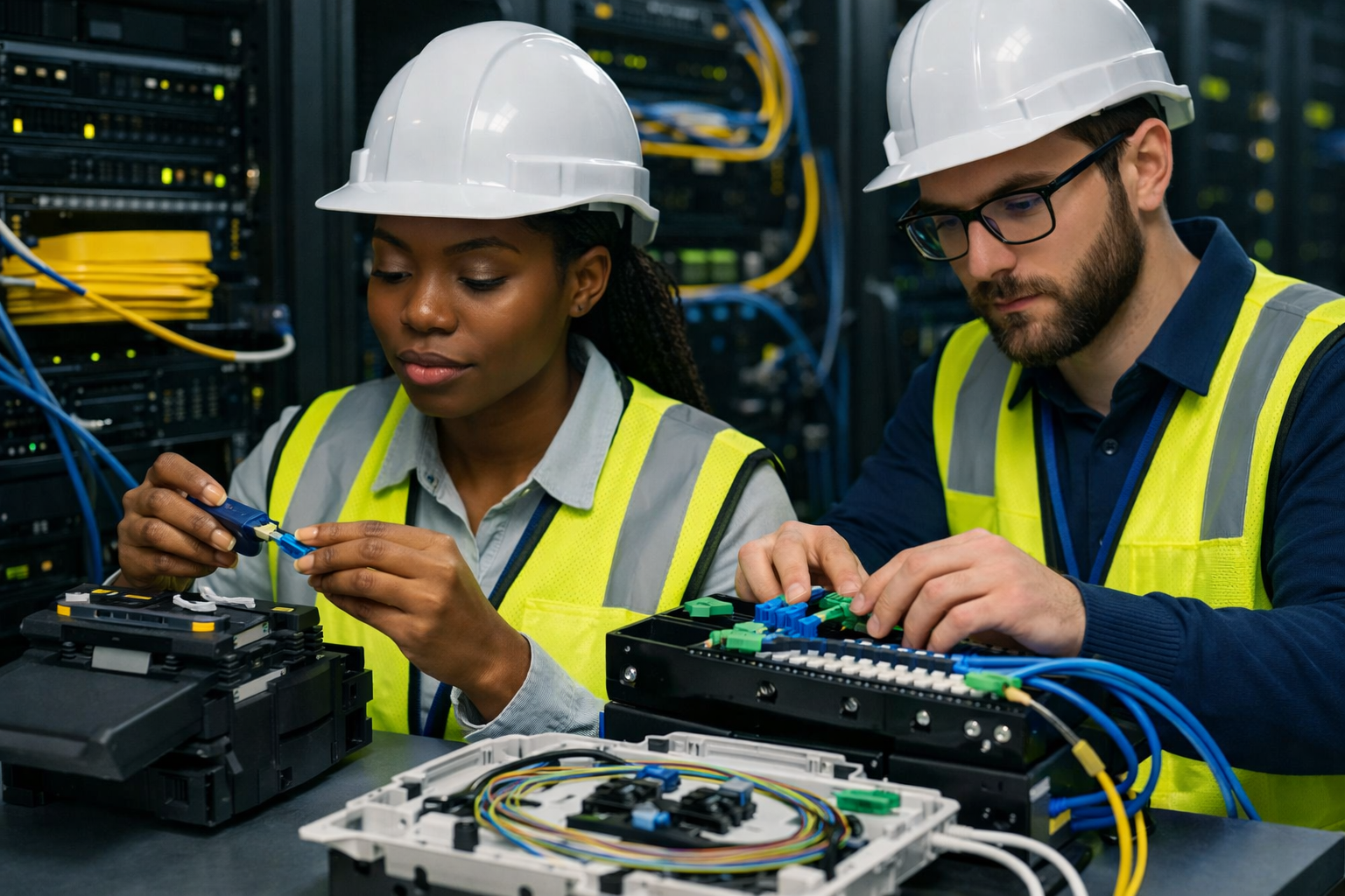 Technician terminating fiber optic cables in a server room