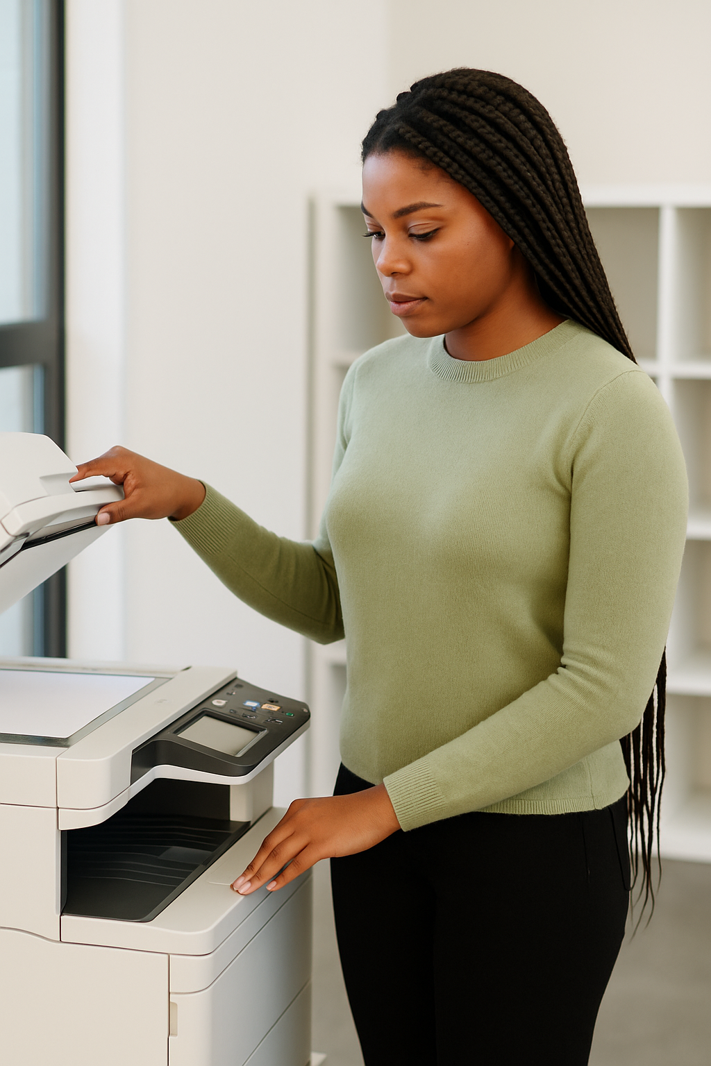IT technician installing networking equipment and CCTV systems in a modern office