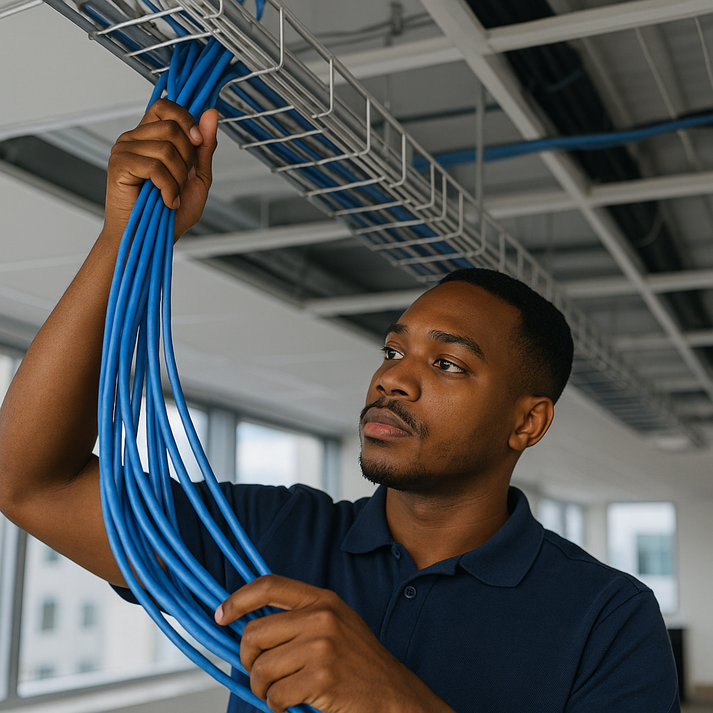 Organized network rack with labeled Ethernet patch cables