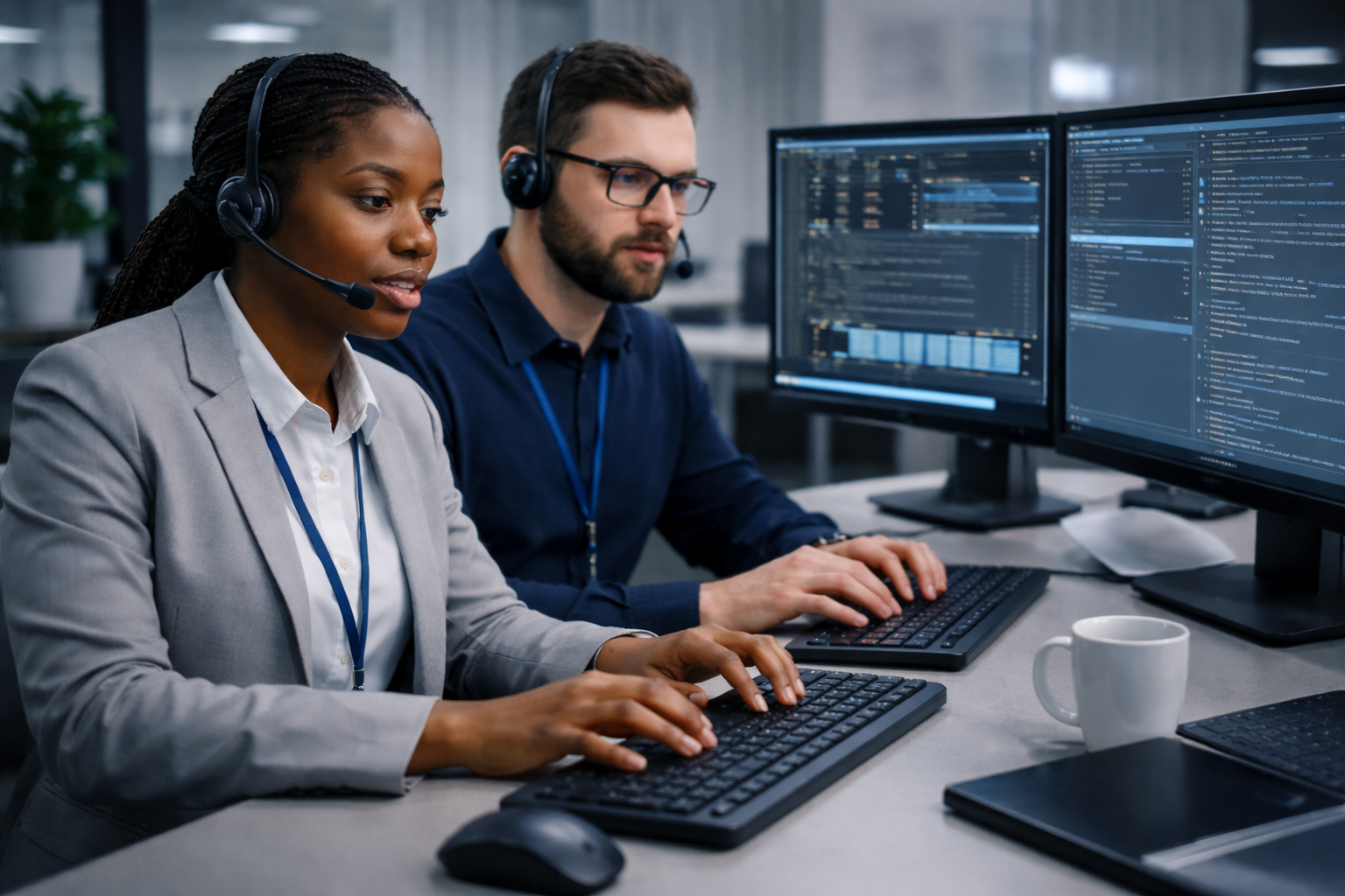 Technician reviewing security and networking setup in a business office